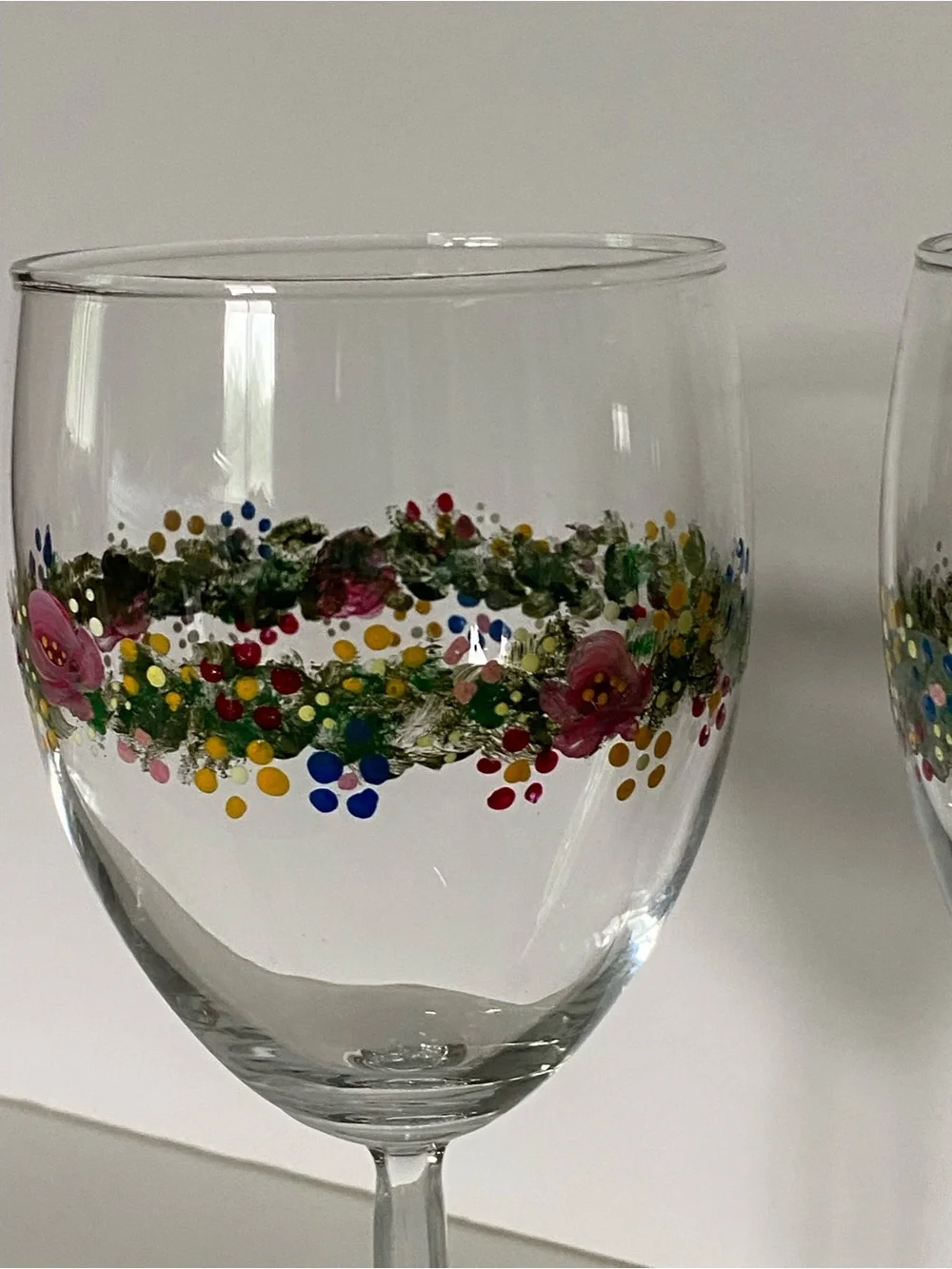 Hand Painted Wine Glasses Set of 2 Floral Flowers Garden Wedding 7” Glass Color